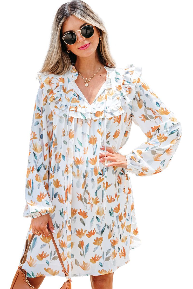 Floral Print Tie Neck Frilled Detail Long Sleeve Mini Dress