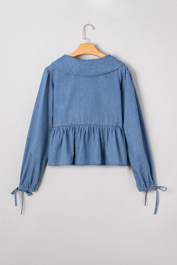Dusk Blue Denim Lapel Neck Balloon Sleeve Tied Peplum Top