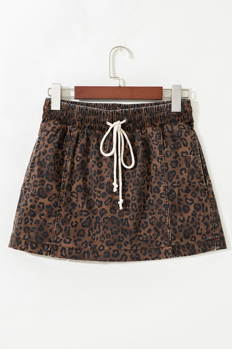 Leopard Print Elastic Waist Drawstring Denim Skort
