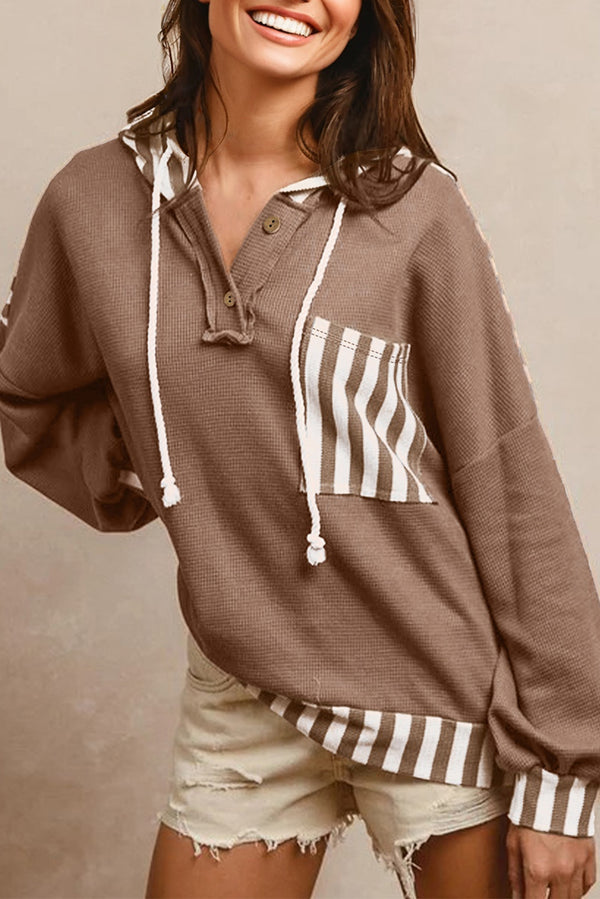 Waffle Texture Striped Patchwork Button Neck Drawstring Hoodie