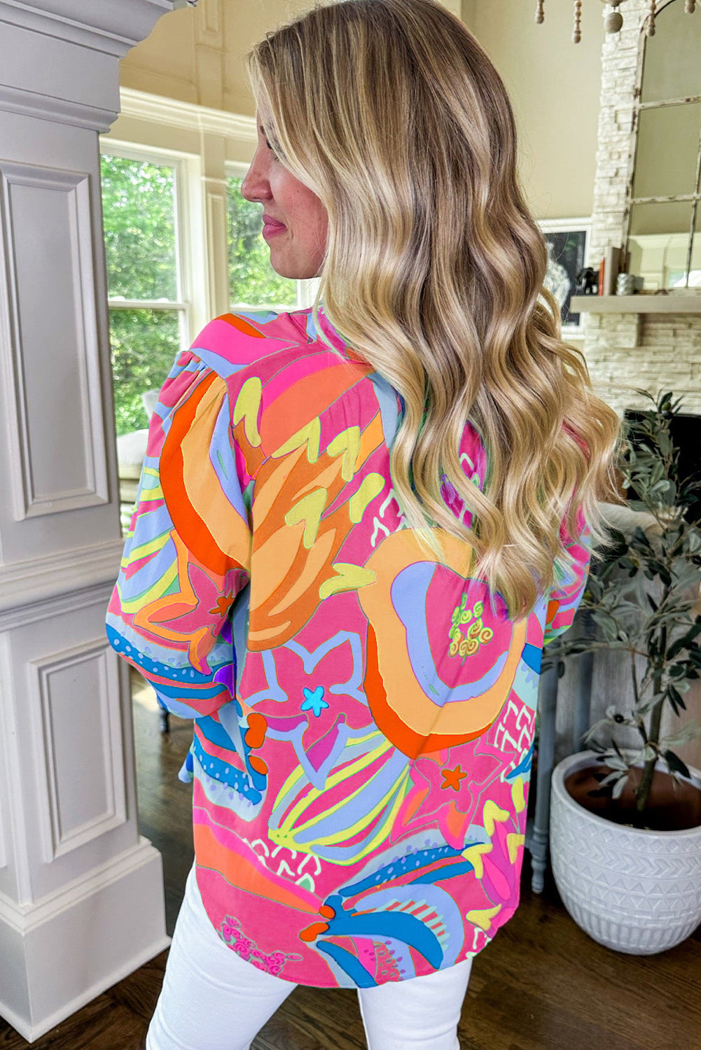 Abstract Print Ruffled Sleeve Buttoned V Neck Blouse