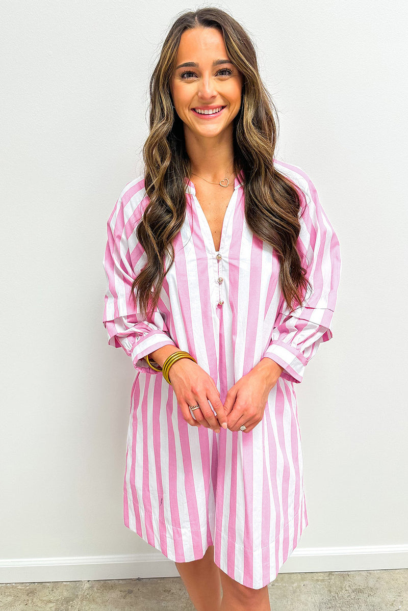 Stripe Bracelet Sleeve Buttons Loose Mini Dress