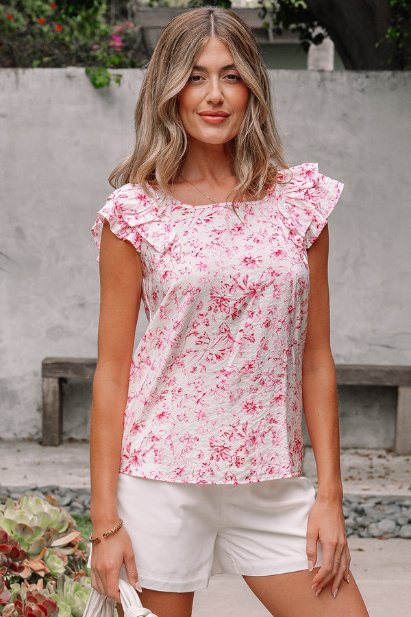 Floral Ruffled Short Sleeve Bow Back Square Neck Blouse