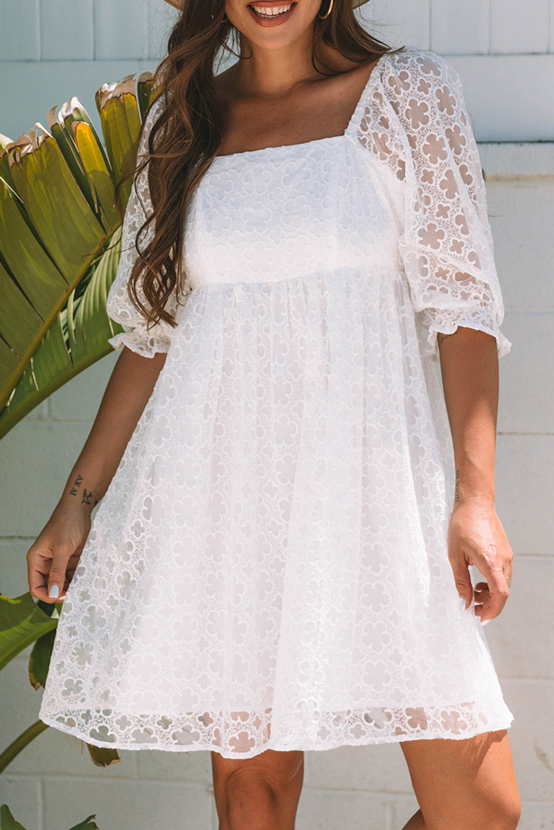 Floral Lace Puff Sleeve Empire Waist Mini Dress