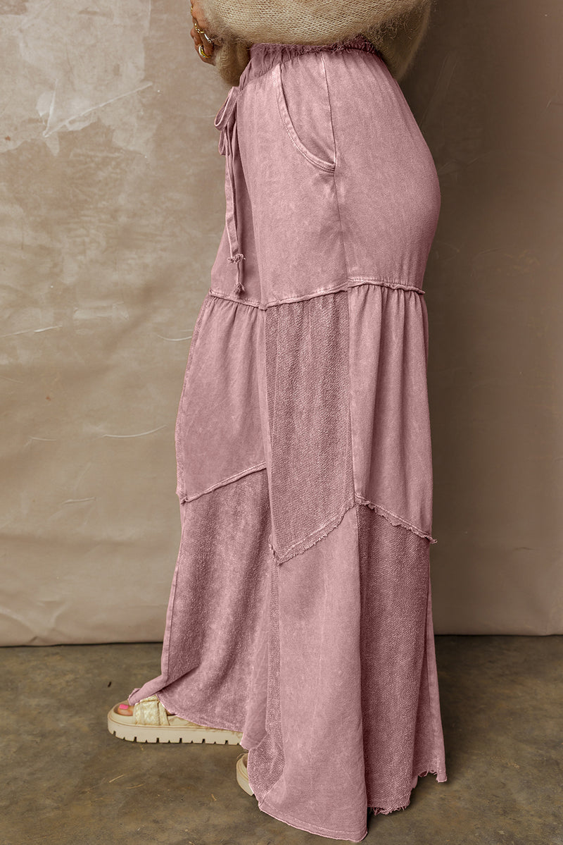 Mineral Wash Tiered Wide Leg Patchwork Drawstring Pants