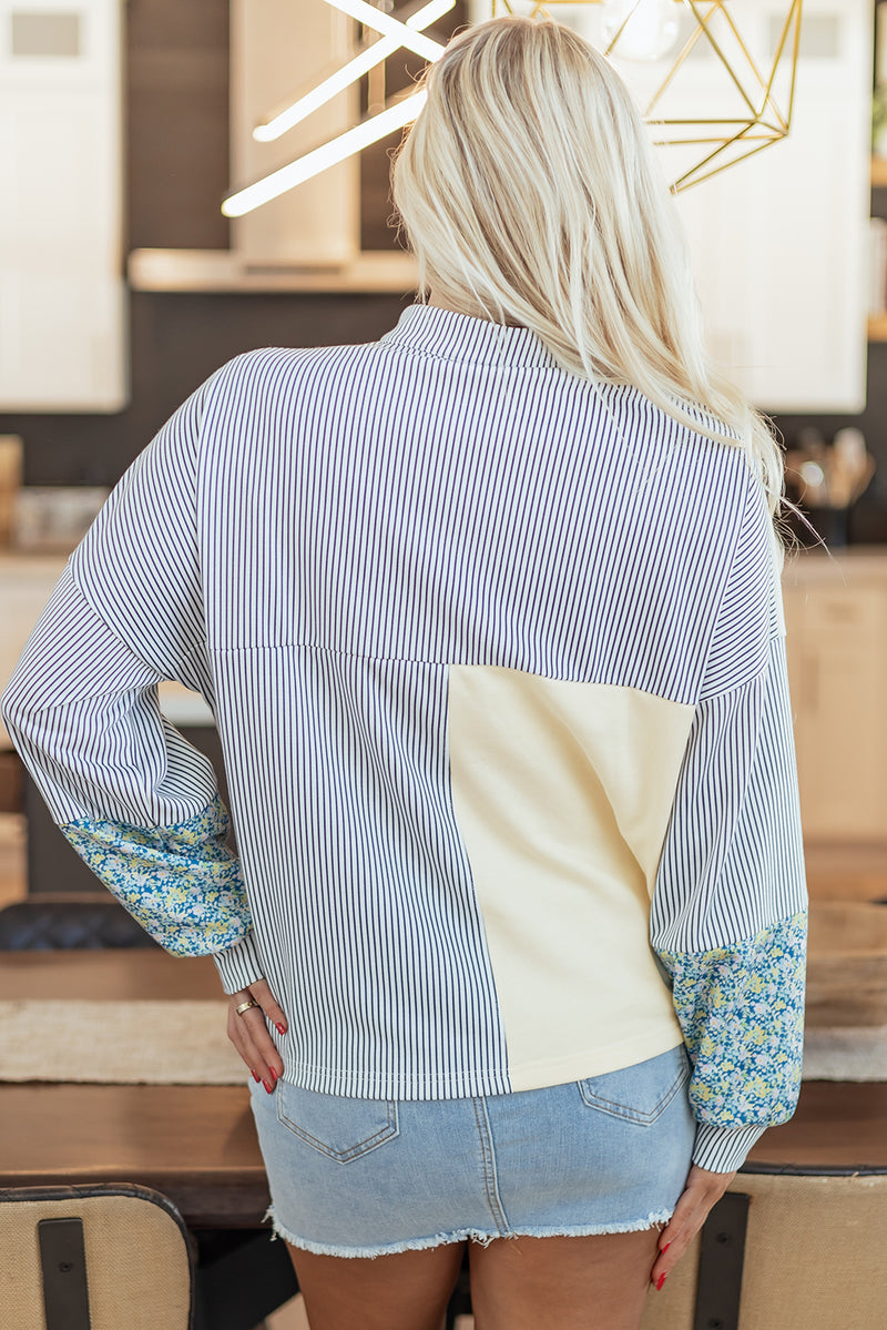 Floral Striped Drop Sleeve Collared Boxy Fit Sweatshirt