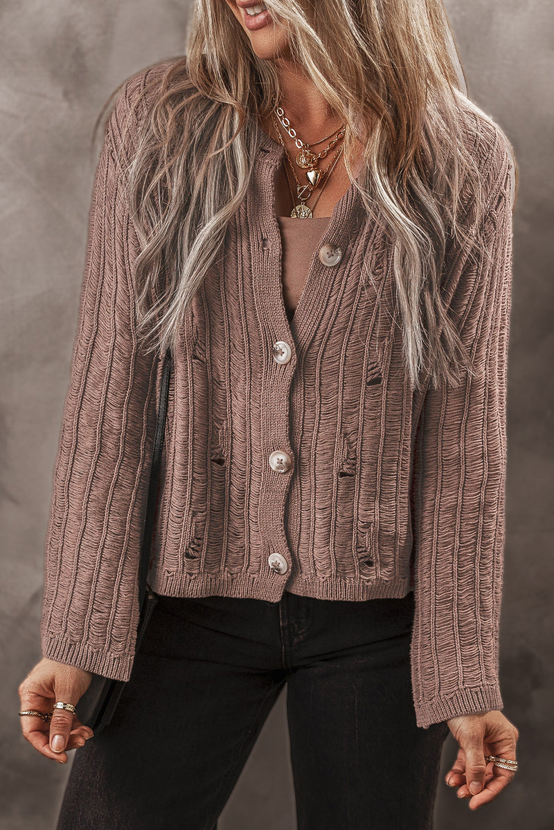Brown Cut Out Textured Knit Buttoned Cardigan