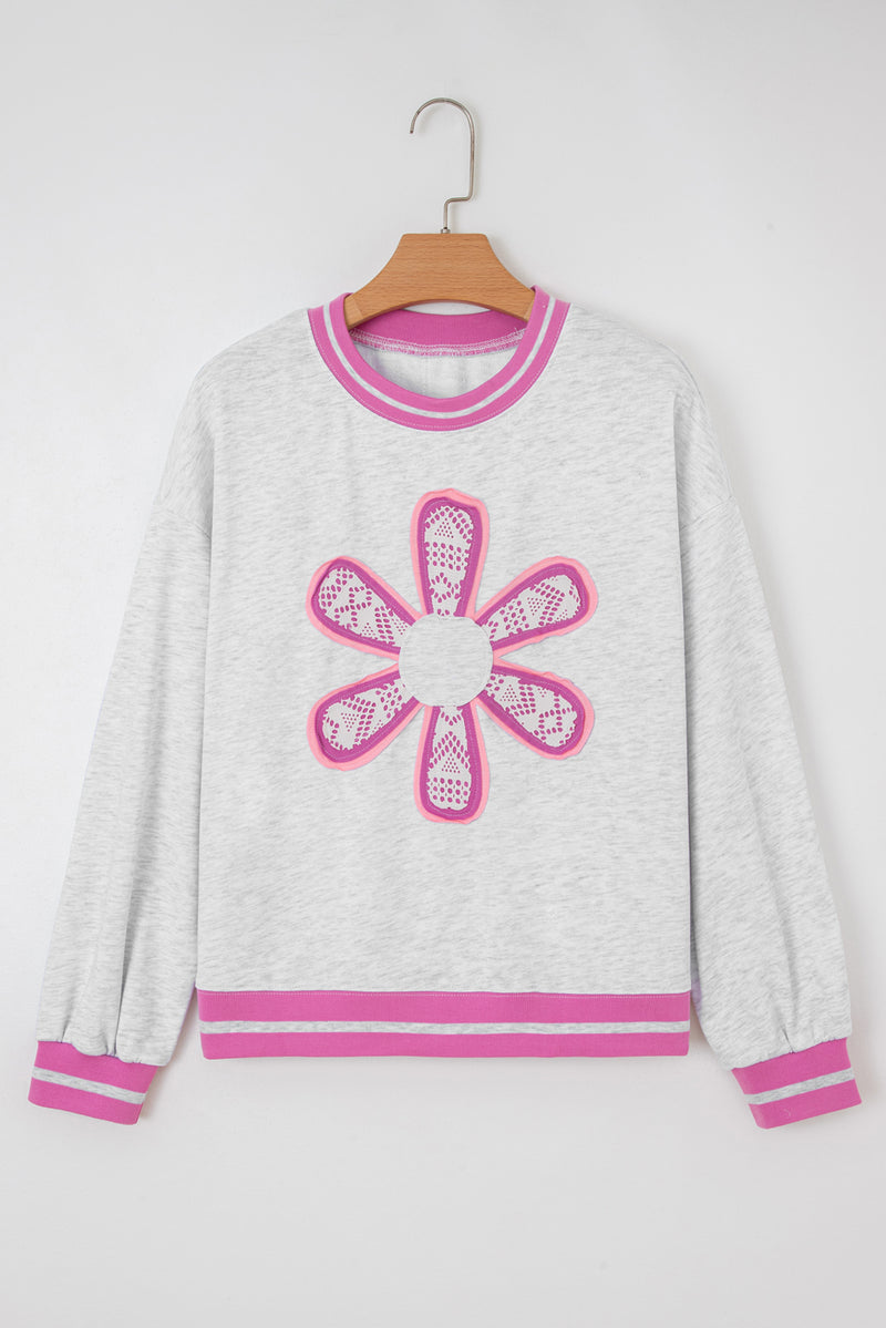 Flower Patch Contrast Trim Crew Neck Sweatshirt