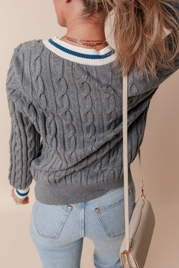 Grey Color Contrast Ribbed Edge Cable Knit V Neck Sweater