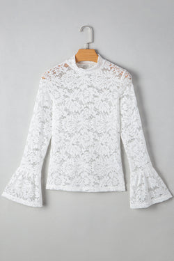 Lace Crochet Bell Sleeve Mock Neck Blouse