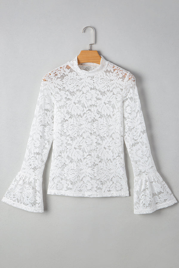 Lace Crochet Bell Sleeve Mock Neck Blouse