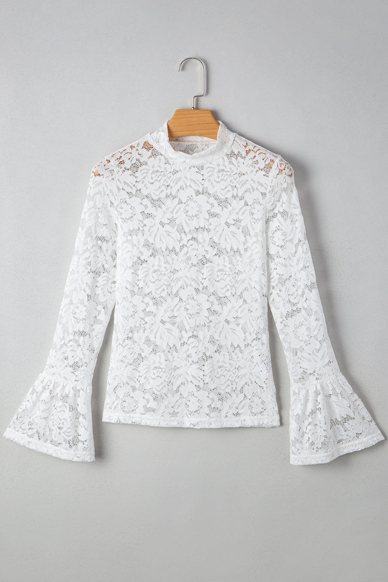 Lace Crochet Bell Sleeve Mock Neck Blouse