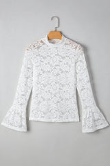 Lace Crochet Bell Sleeve Mock Neck Blouse