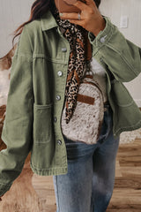 Moss Green Patched Pocket Collared Button Front Boyfriend Denim Jacket