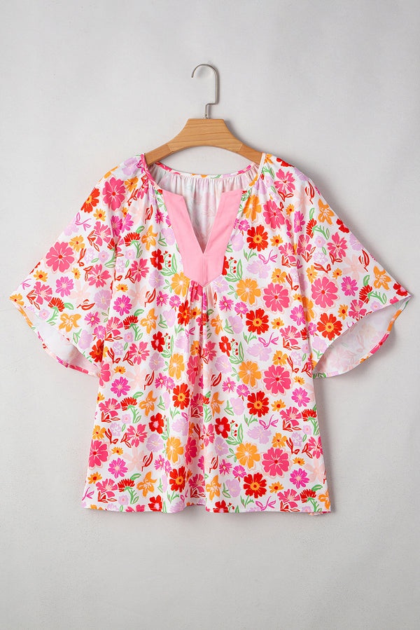 Floral Split V Neck Wide Short Sleeve Plus Size Blouse Top