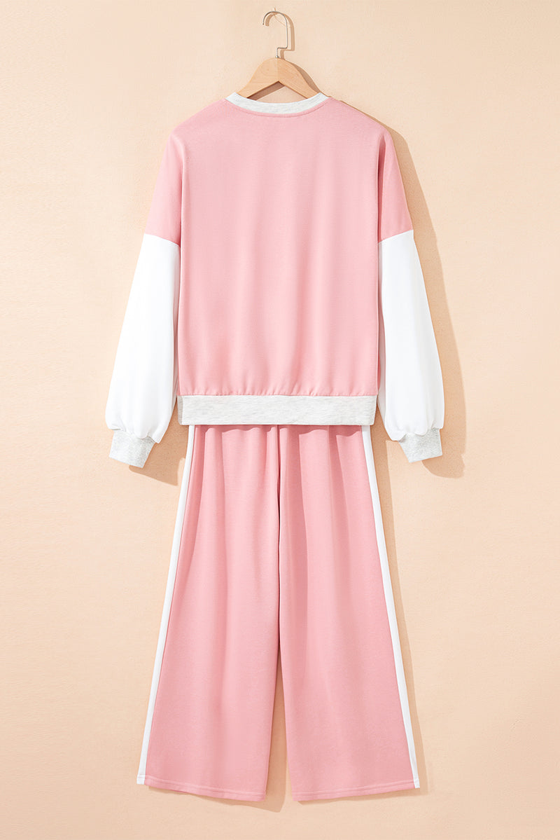 2pcs Color Block Pullover Loose Pant Set