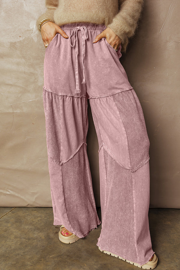 Mineral Wash Tiered Wide Leg Patchwork Drawstring Pants