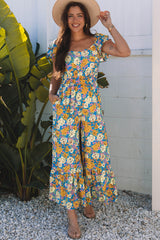 Floral Allover Print Shirred Cut Out High Waist Jumpsuit