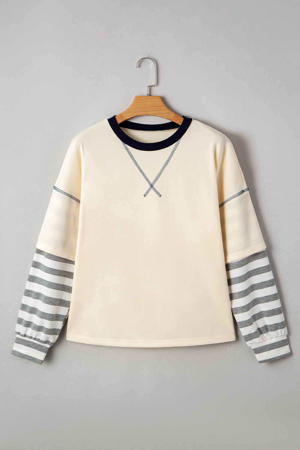 Striped Patchwork Long Sleeve Round Neck Two-in-one Top