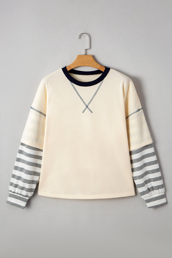 Striped Patchwork Long Sleeve Round Neck Two-in-one Top