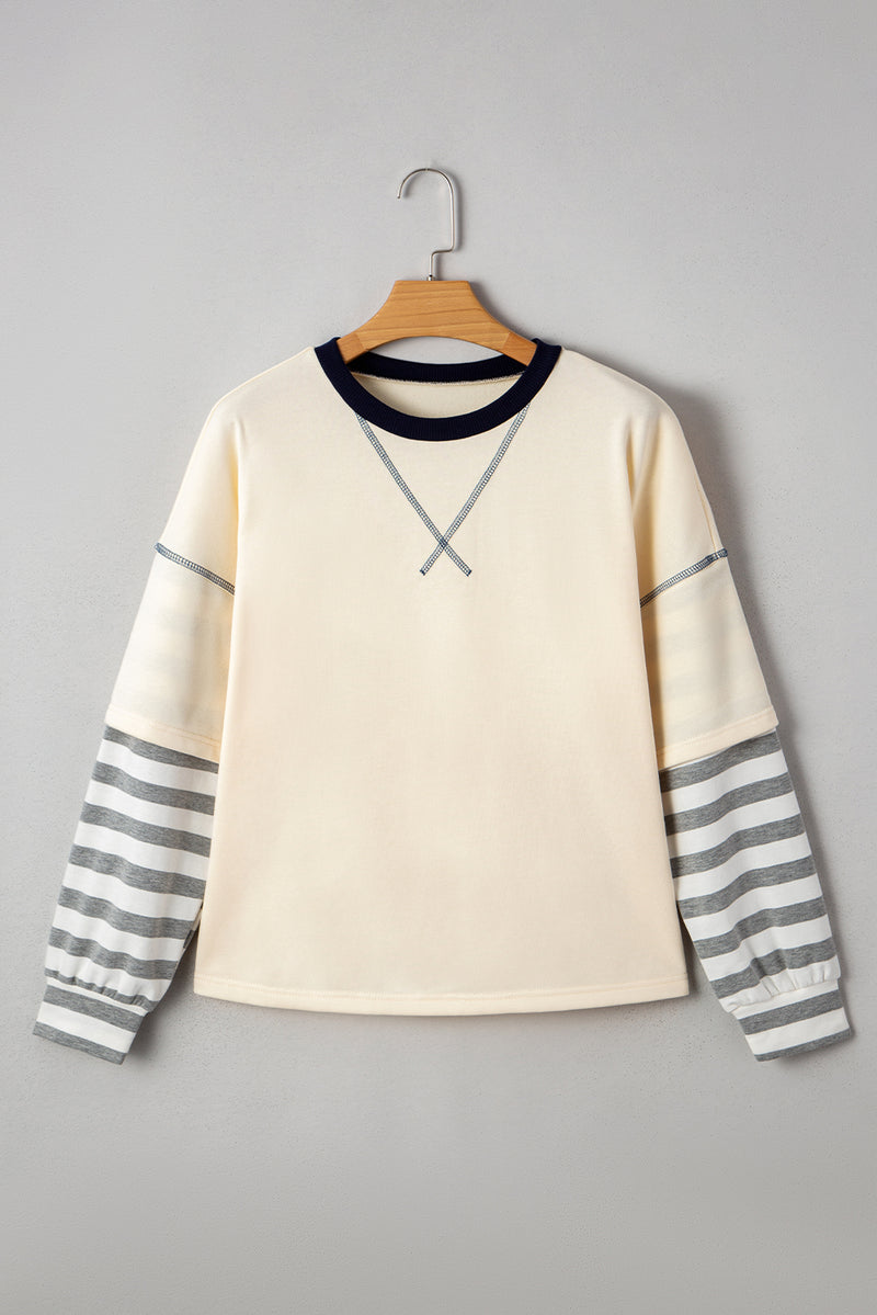 Striped Patchwork Long Sleeve Round Neck Two-in-one Top
