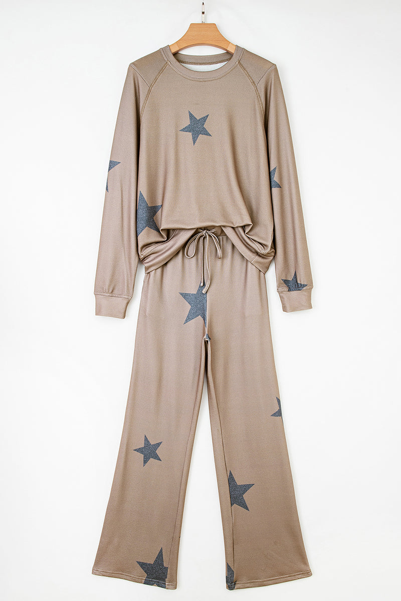 Retro Star Print Loose Long Sleeve Drawstring Wide Leg 2pcs Lounge Set
