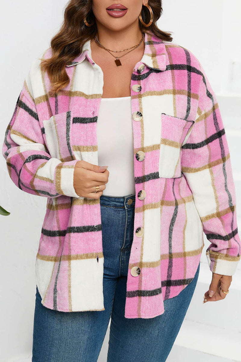 Plaid Color Block Buttoned Long Sleeve Jacket with Pocket