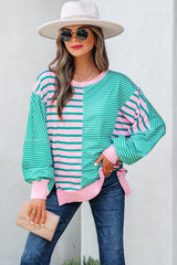 Stripe Mix Pattern Color Block Patchwork Side Slit Baggy Sweatshirt