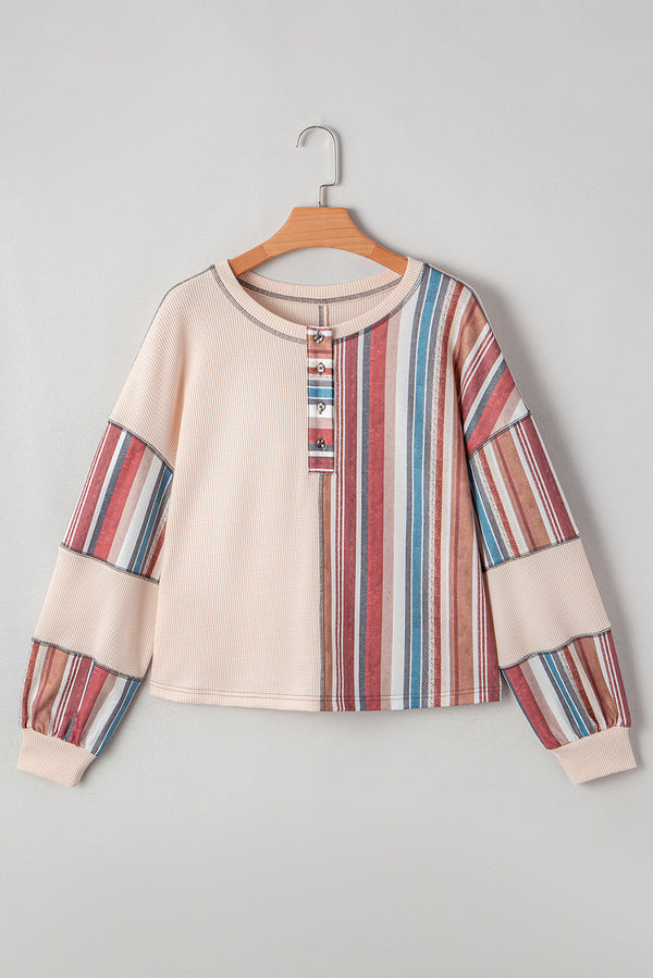 Striped Waffle Patchwork Exposed Seam Raw Edge Casual Knit Top
