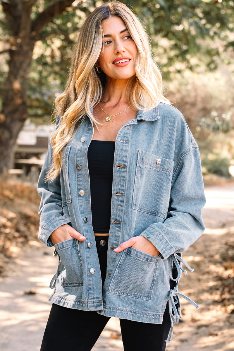 Multi Patched Pockets Side Tie up Boyfriend Style Denim Jacket