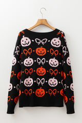 Halloween Pumpkin Bow Knit Button V Neck Sweater Cardigan