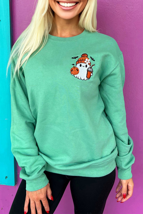 Turquoise Cute Halloween Ghost Embroidered Casual Sweatshirt