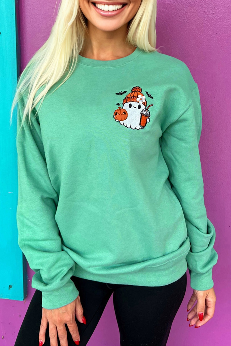 Turquoise Cute Halloween Ghost Embroidered Casual Sweatshirt