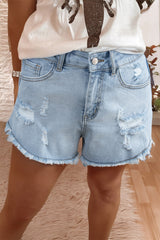 High Rise Distressed Raw Hem Denim Shorts
