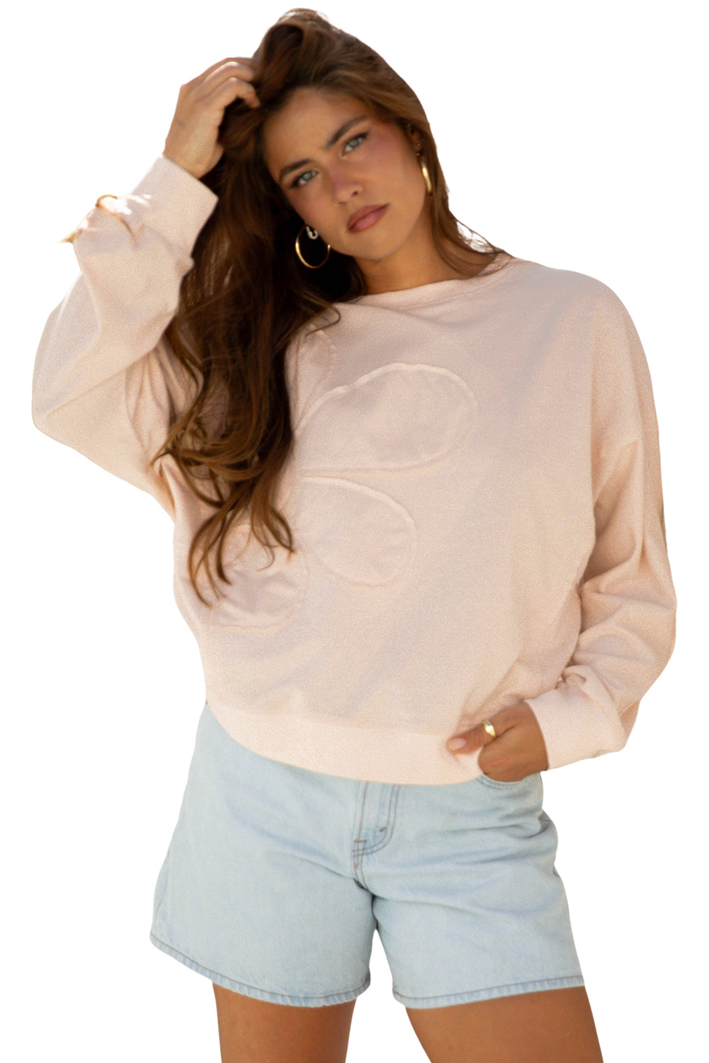 Raw Edge Flower Patch Drop Shoulder Casual Top