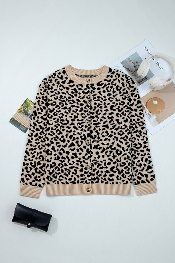 Leopard Drop Shoulder Chunky Knitted Cardigan Sweater