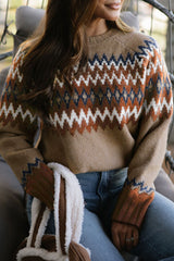 Aztec Print Colorblock Crew Neck Sweater