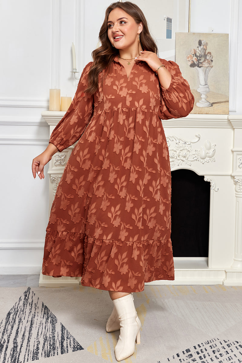 Plus Size Textured 3D Flower Pattern Ruffle Hem 3/4 Sleeve Long Dress