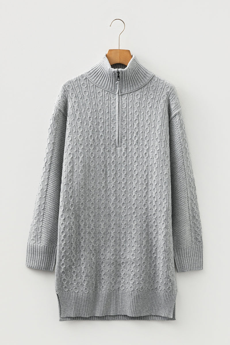 High Cable Knit Quarter Zip Ribbed Trim Loose Sweater Dress