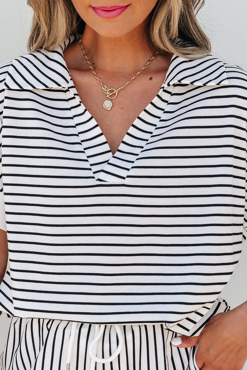 Stripe V Neck Tee and Casual Short Set