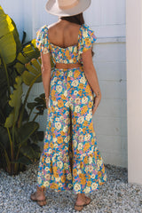 Floral Allover Print Shirred Cut Out High Waist Jumpsuit
