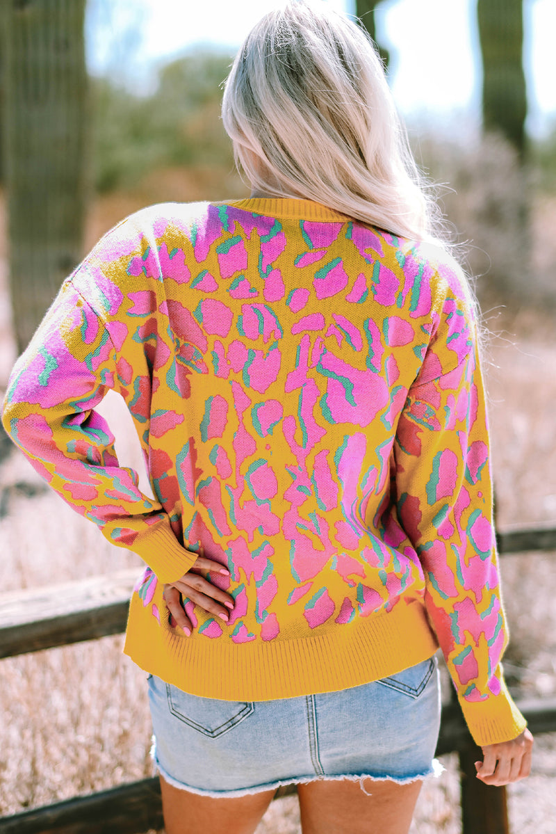 Multicoloured Abstract Print Ribbed Trim Baggy Sweater