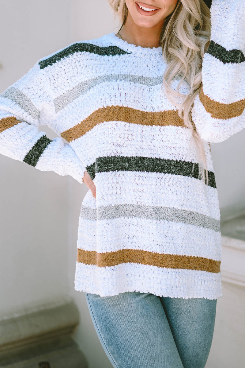 White Striped Popcorn Knit Sweater