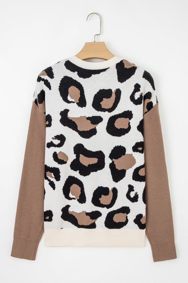 Beige Leopard Print Color Block Patchwork Sleeve V Neck Sweater