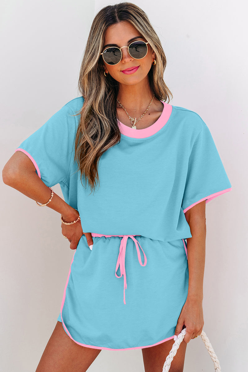 Colorblock Edge Drop Shoulder T Shirt and Skort 2Pcs Set