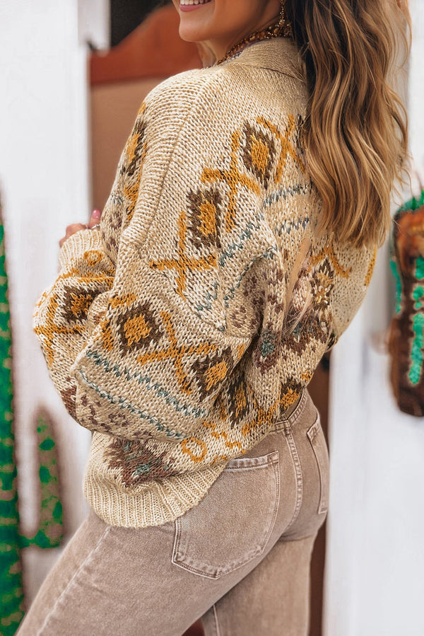 Western Pattern Knitted Button V Neck Cardigan Sweater