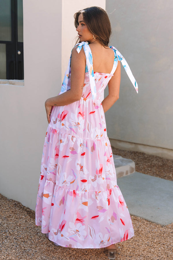 Floral Print Knotted Shoulder Smocked Maxi Dress