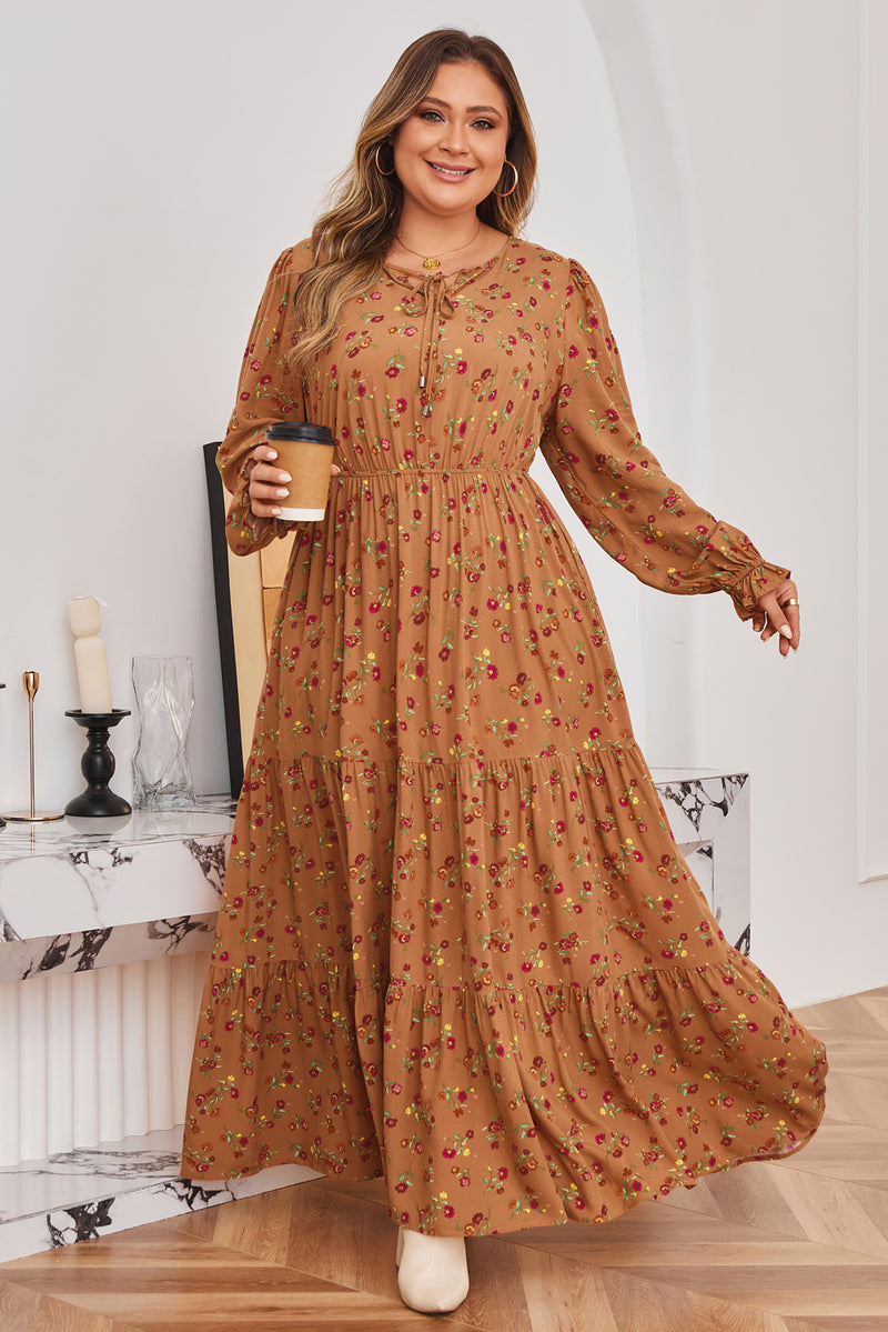 Plus Size Floral Split V Neck Ruffled Sleeve Tiered Maxi Dress