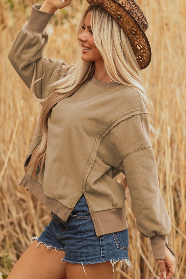 Fuzzy Sherpa Splicing Pullover Sweatshirt with Side Slit