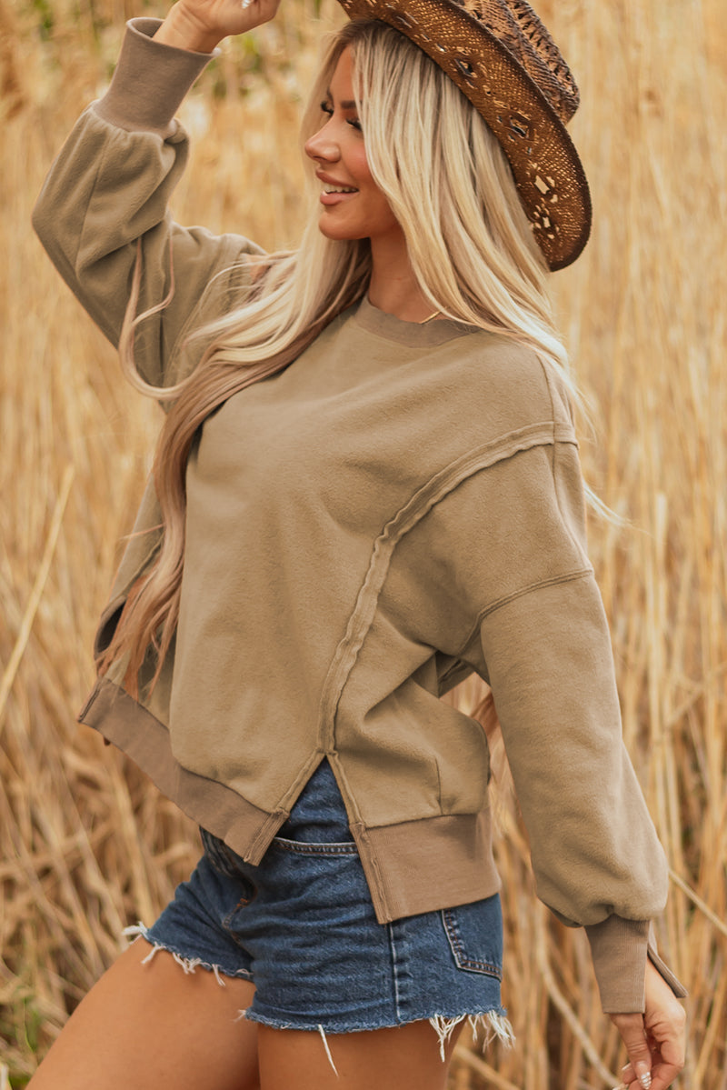 Fuzzy Sherpa Splicing Pullover Sweatshirt with Side Slit